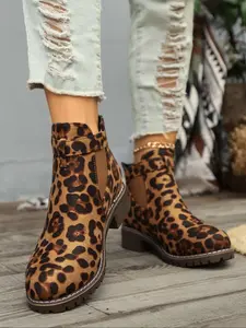 Women's Fashion Leopard Print Boots, Casual Comfortable Round Toe Booties for Daily Wear, Female All-match Shoes for Fall & Winter, Casual Ankle Boots