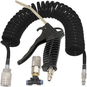 Air Blow Gun kit with 16ft Long 8mm OD Coil PU Air Hose Air Duster Blow Gun Kit with PTC Adaptor (Black)