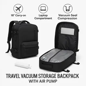 Travel Vacuum Storage Backpack with Air Pump Vacuum Seal Compression Space Saver Bags Clothing Vacpack 18x14x8 inches Travel Bag Carry on Personal item Laptop Work Backpacks Women Men Black