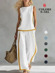 2026 Blend Two Piece Set for WomenSleeveless Color Block Top Wide Leg PantsSet Casual Summer Outfit Womenswear # Set #WideLegPants # ColorBlock # SummerOutfit# BohoFashion # CasualWear # Outfit of theDay # WomensFashion