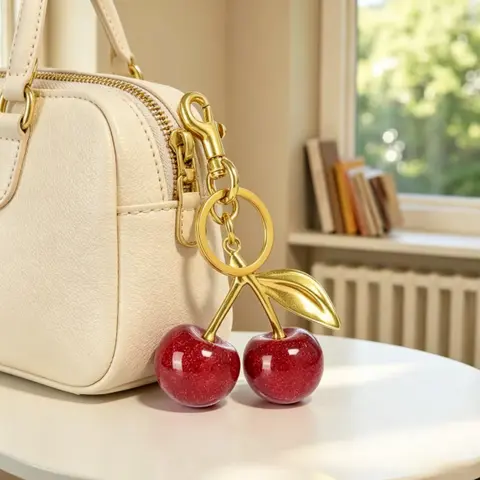 Women's Fashionable Alloy Cherry Keychain Pendant - Girly Cute Everyday Costume Jewelry Accessory with Glitter Finish for Keys, Leather Handbags