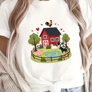 Women's Farm Print T-Shirt - Cute Chicken Sheep Short Sleeve Round Neck Blouse for Spring Summer Casual Casual Attire - Machine Washable Comfortable Top for Moms & Farm Outfits White CLL T-shirts-3438