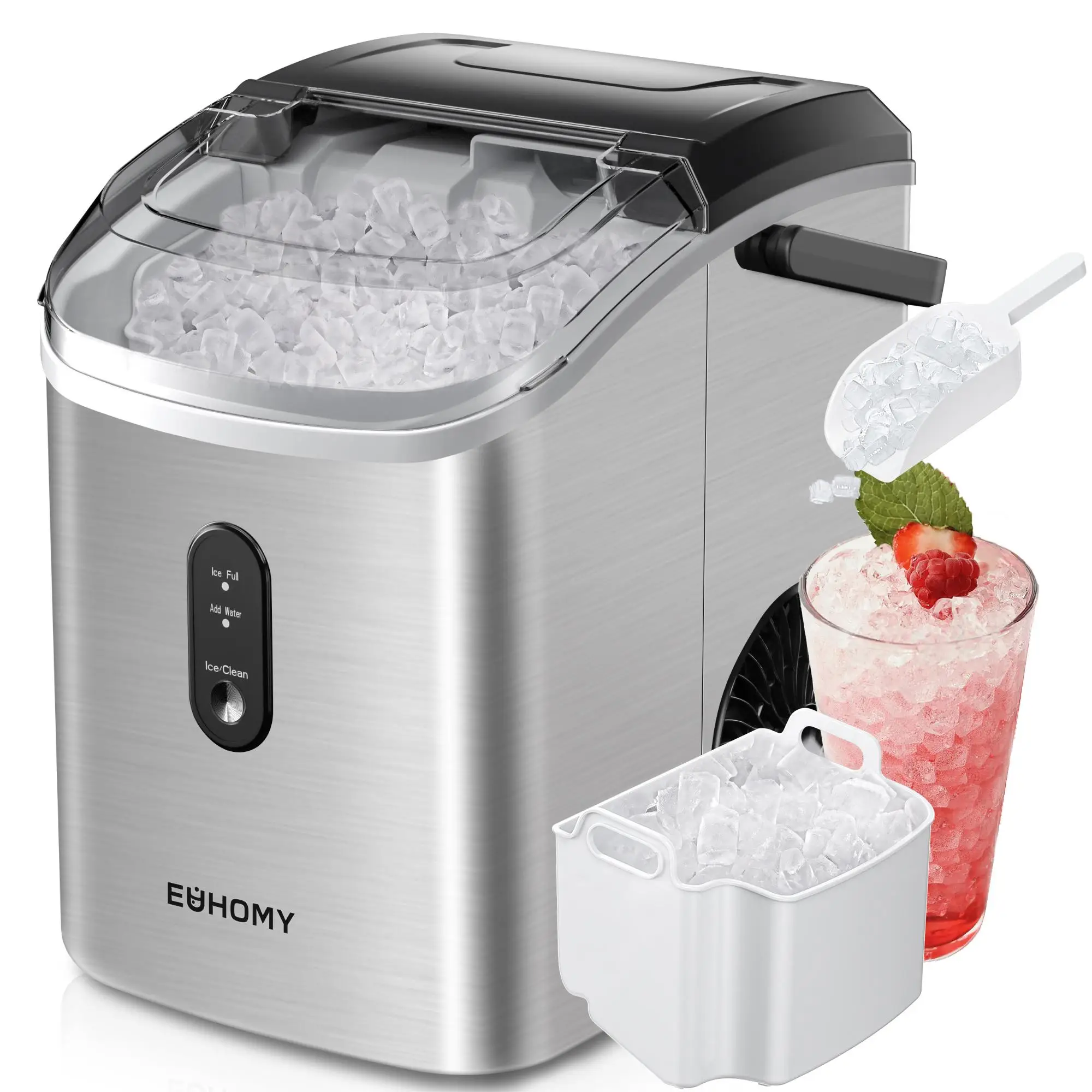 EUHOMY Nugget Ice Maker Countertop with Handle, Ready in 6 Mins, 33lbs/24H, Removable Top Cover, Auto-Cleaning, Portable Pebble Ice Maker with Basket