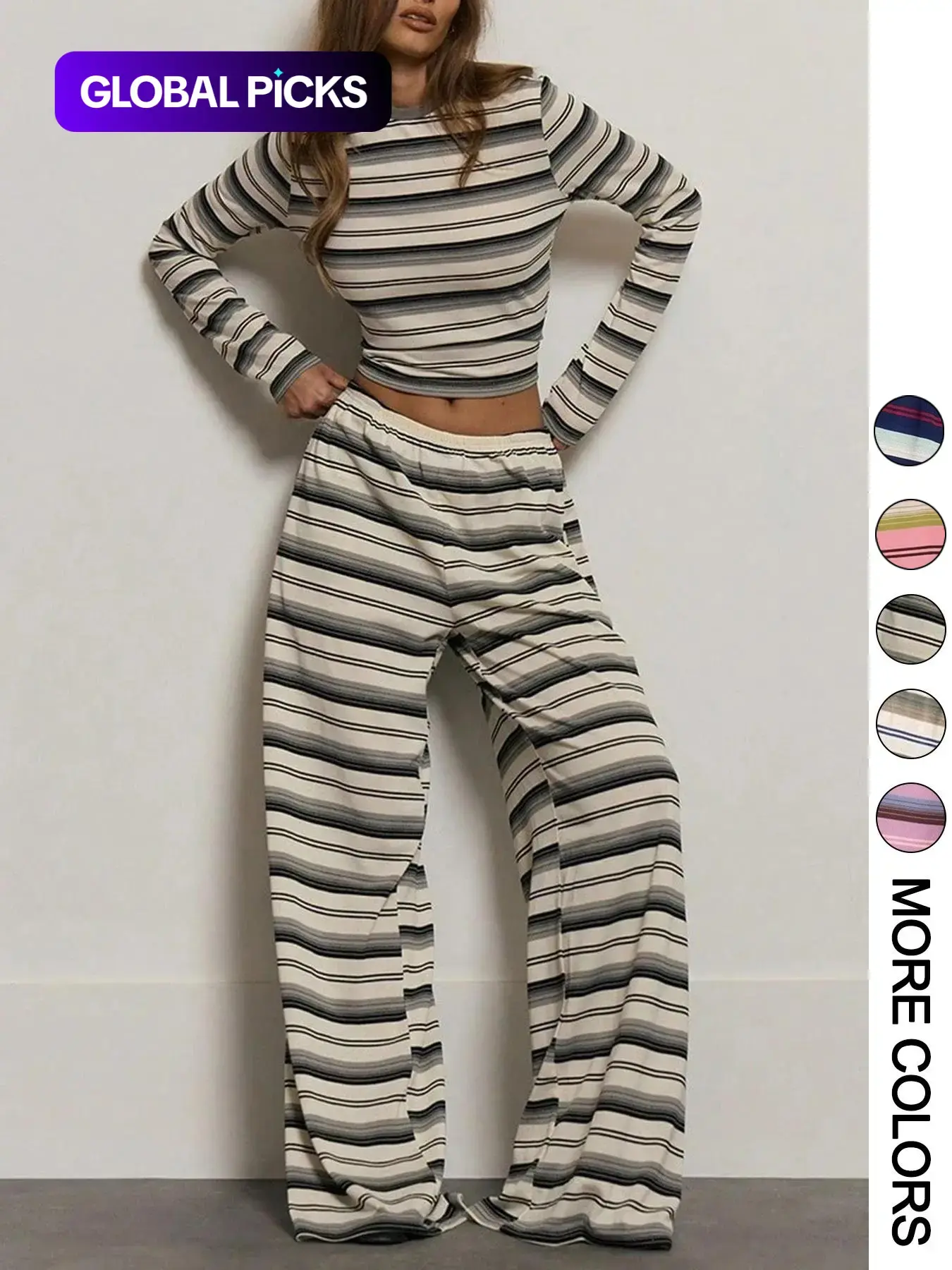 Women's Comfortable Fitted Long Sleeve Striped T-Shirt & Pants Set, Striped Knit Sets, Womenswear, Cute Casual Outfits for Autumn Winter, Elegant Airport Office Wear