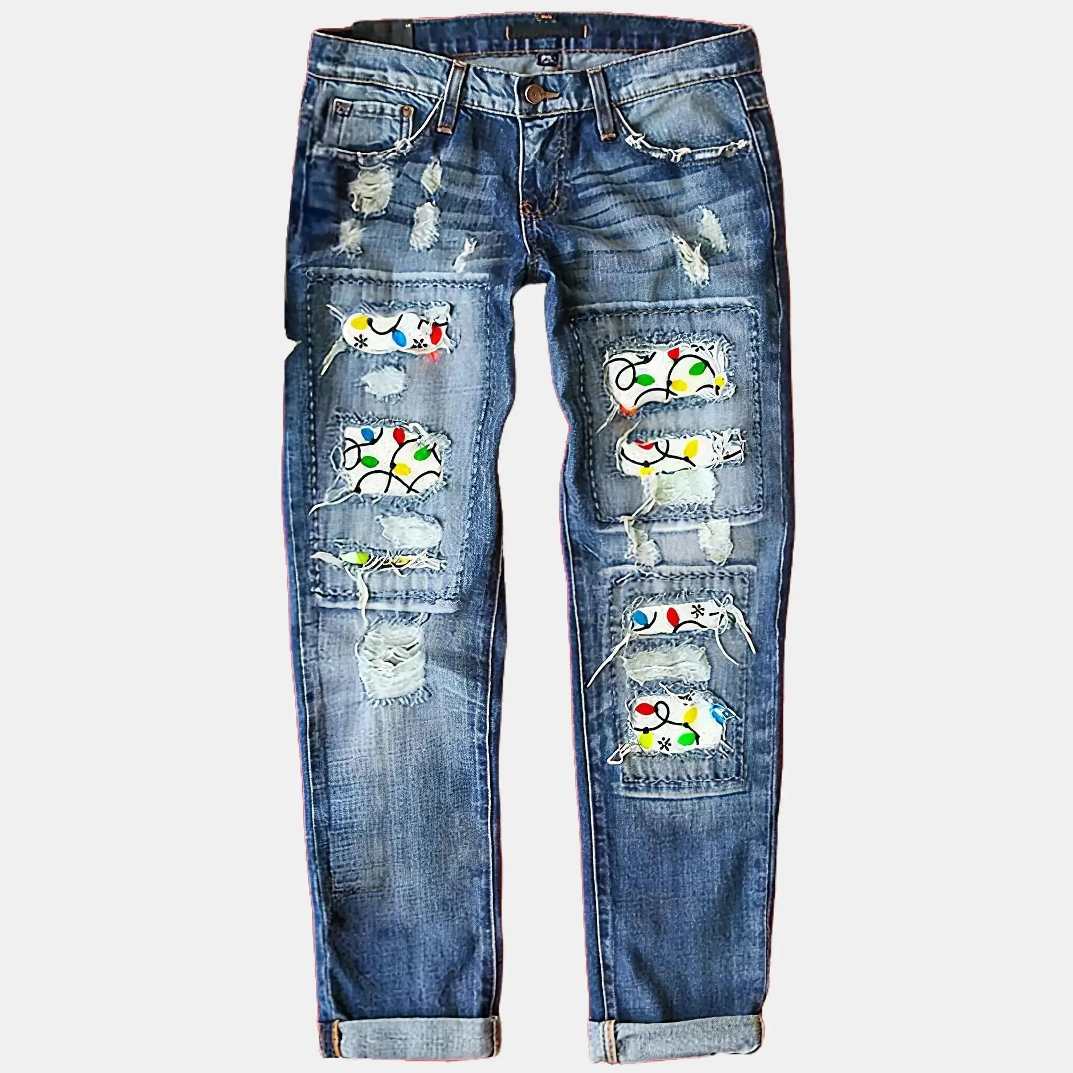 Women's Christmas Holiday Graphic Jeans - Ripped, Colorful Light-Printed, Mid-Waist Straight Leg, Festive Design Blue Fitted Streetwear Denim Clothing Bottoms, Comfortable