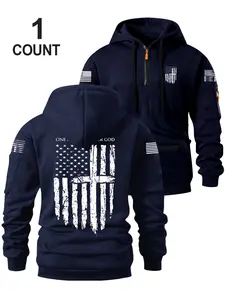 Men's Half-Zip Hoodie with Trendy Pocket Zip Design, Flag Pattern Print, Multiple Colors Available, Loose Fit, Casual Streetwear