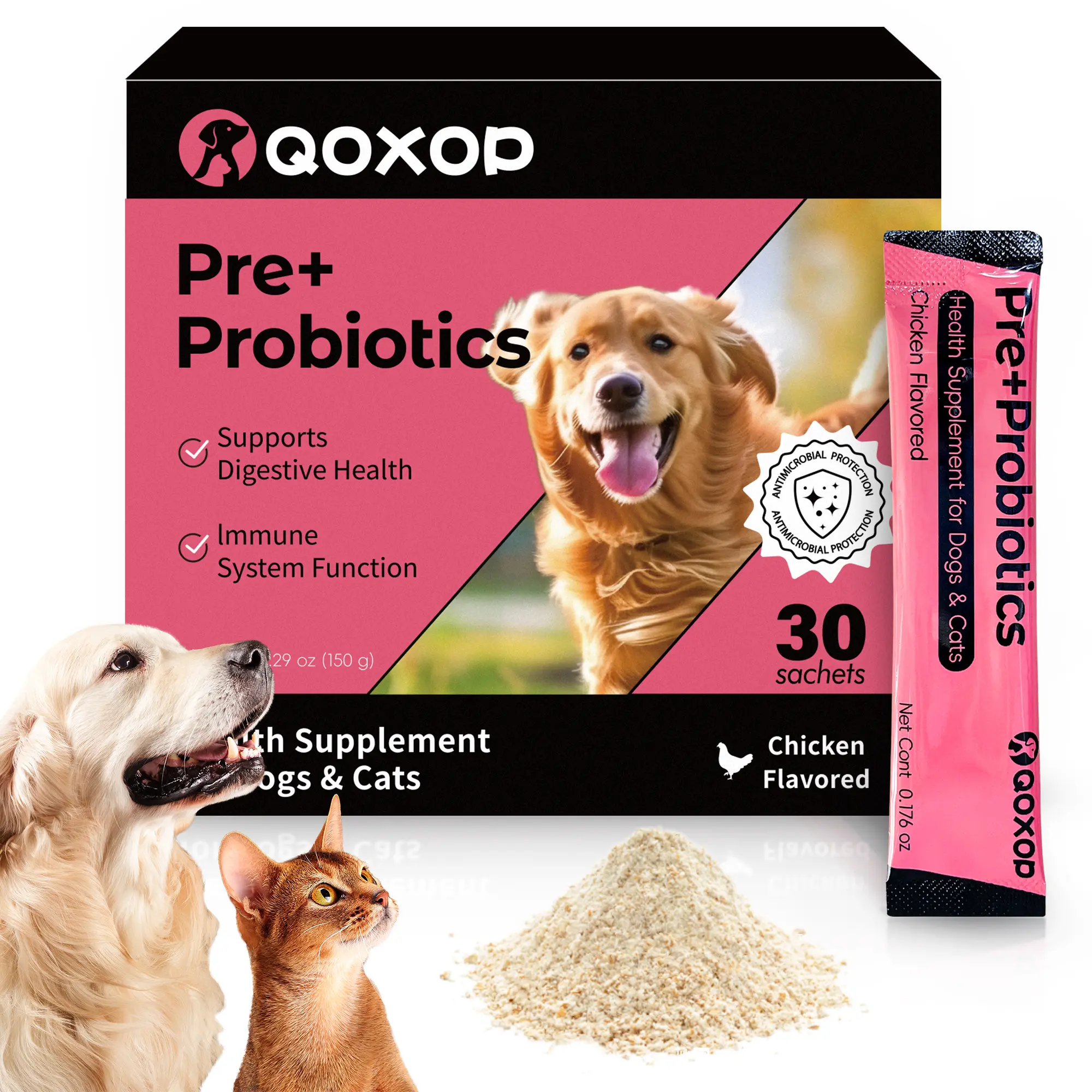 Dog & Cat Gut Health Probiotic Mix - Canine Nutritional Supplement with B6, Vitamin B1, Maltodextrin, Lactobacillus Acidophilus, Multiple Strains, Prebiotics, Chicken Flavor - 30 Sachets/Box