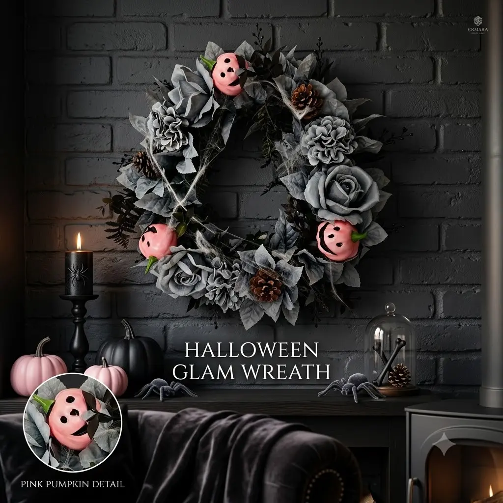 Gothic Pink Pumpkin Halloween Wreath, Aesthetic Grey Rose Door Wreath, Spooky Cottagecore Fall Home & Porch Decor