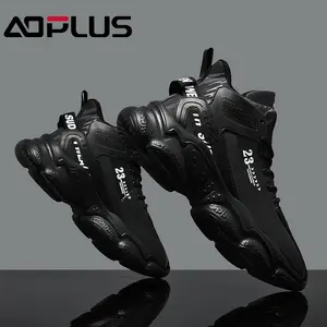 AOPLUS Men's classic casual sports shoes, cool black warrior high-top shoes, versatile for daily wear, breathable mesh thick-soled height-increasing sports and casual shoes