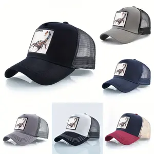 Unisex Embroidered Scorpion Baseball Cap - Breathable Mesh Trucker Hat for Outdoor Sports & Hip-Hop Style, Summer Casual Wear, Black & Beige Design with Bold "WARNING" Print