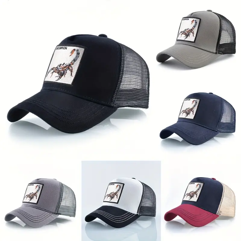 Unisex Embroidered Scorpion Baseball Cap - Breathable Mesh Trucker Hat for Outdoor Sports & Hip-Hop Style, Summer Casual Wear, Black & Beige Design with Bold "WARNING" Print