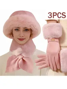 Winter Warm Three-Piece Set, Fashionable Touchscreen Fingerless Gloves, Thick Cross Scarf, Plush Hat, Ideal for Cold Weather and Outdoor Activities