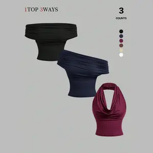 TFNOSIZ Women's 3-Piece Solid-Color Low-Neck Multifunctional Base Top Set, Fit & Casual Sleeveless Fluid Minimalist Essential, 3 Wear Styles: Bandeau, Backless Halter Tank, 1-Shoulder Asymmetrical Top