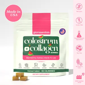 Glamssentials Colostrum + Collagen Gummies Watermelon Flavor 60 Count Dietary Supplement for Gut Health Made in USA Non GMO Gluten Free Soy Free - Beauty Vitamin Healthcare Fitness Edible