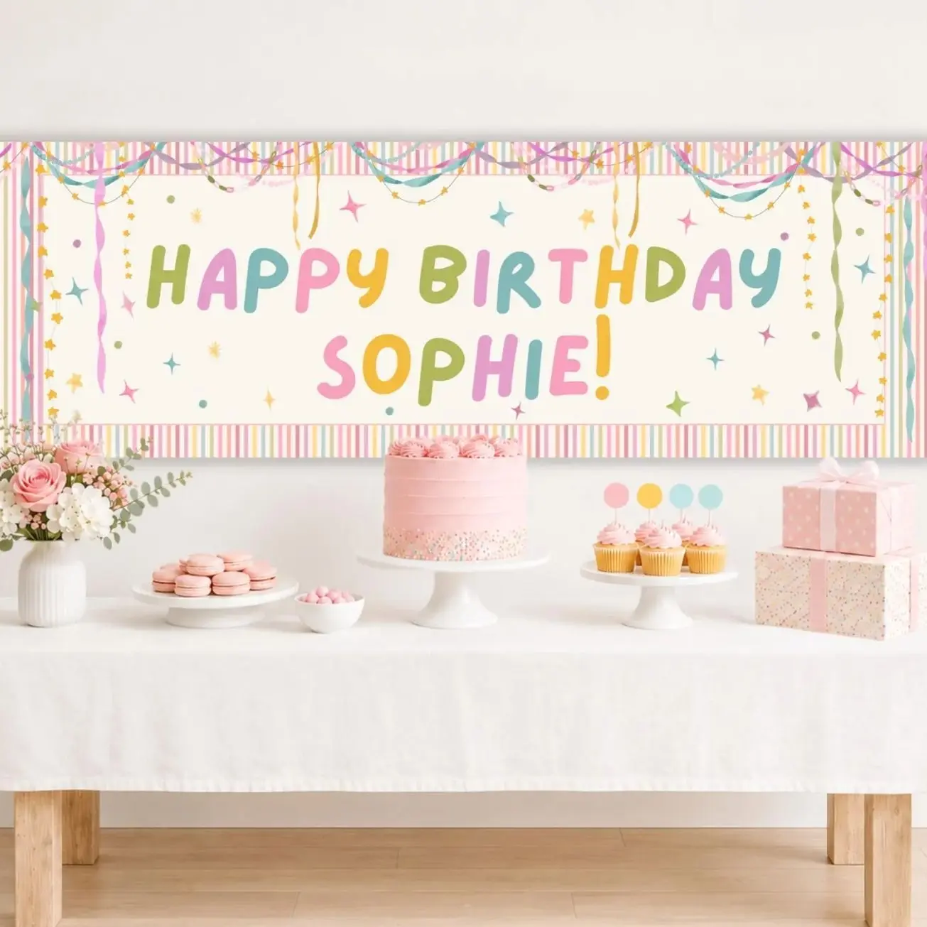 Colorful Whimsical Girl Birthday Banner Backdrop, Pastel Birthday Decor, Girly Striped Party Banner, Any Age, Editable Canva Template