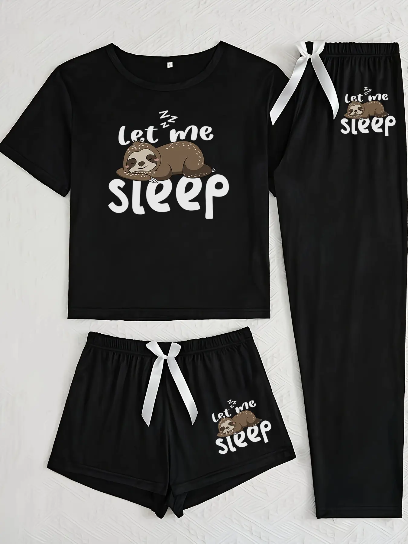 Women's 3-Piece Matching Cartoon Sleepwear Loungewear Set with Sloth Print, Fitted All Seasons Pajamas, Casual Nightwear for Relaxation