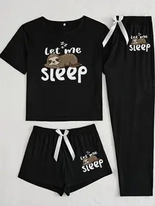 Women's 3-Piece Cartoon Sleepwear Loungewear Set with Sloth Print, Fitted All Seasons Pajamas, Casual Nightwear for Relaxation