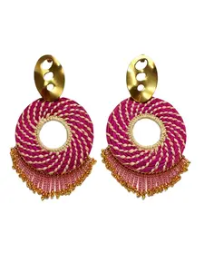 IRACA EARRINGS GOLDEN FUCSHIA Handwoven Colombian Artisanal Luxury Gold-tone Top Stud Woven Center Open Halo Fringe Details Ultra-light Post Back Closure 3.12 Inches Total Length