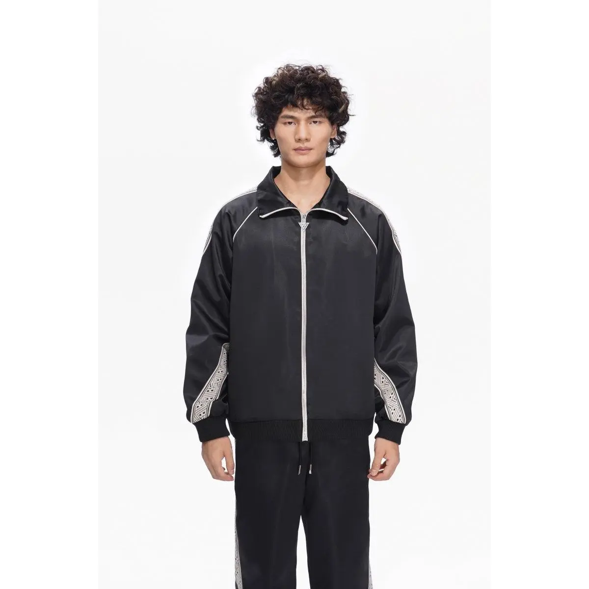 Black Satin Track Jacket with Embroidered Side Stripes - Unisex Designer Streetwear Top with a Relaxed Fit and Full Zip, Fashion, Stripe, Fabric, Menswear, Coats, Soft, Geometric, Outerwear, Polyester, Straight Cut, Hang Dry, S