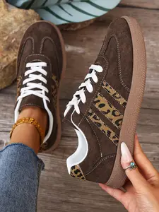 Women's Leopard Lace-Up Sneakers, Breathable Comfort Walking & Training Shoes, Multifunctional Retro Style, Ideal for Commuting, Casual, Outdoor Activities