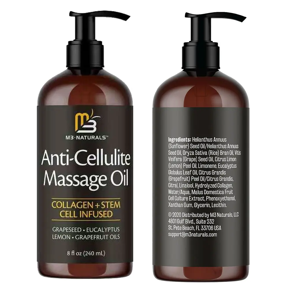 M3 Naturals Anti Cellulite Massage Oil 8oz - Smooth the Appearance of Cellulite - Body Care & Skin Care Massage Oil - Topical Collagen and Plant Stem Cell Body Oil to Restore Texture and Elasticity - Soothing Body Oil Moisture Hydrating summervibes️