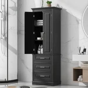Bathroom Storage Cabinet, Freestanding Storage Cabinets with 3 Drawers & Adjustable Shelf, Tall Cupboard for Bath Room (Black)