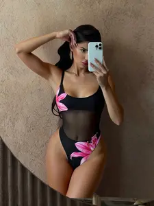 Women's Summer Beach Lily Digital Print Mesh Patchwork Hollow Out One-Piece Swimsuit, Festival Boho Style Swimwear, Floral Print Swimsuits, Tropical Print Swimsuit