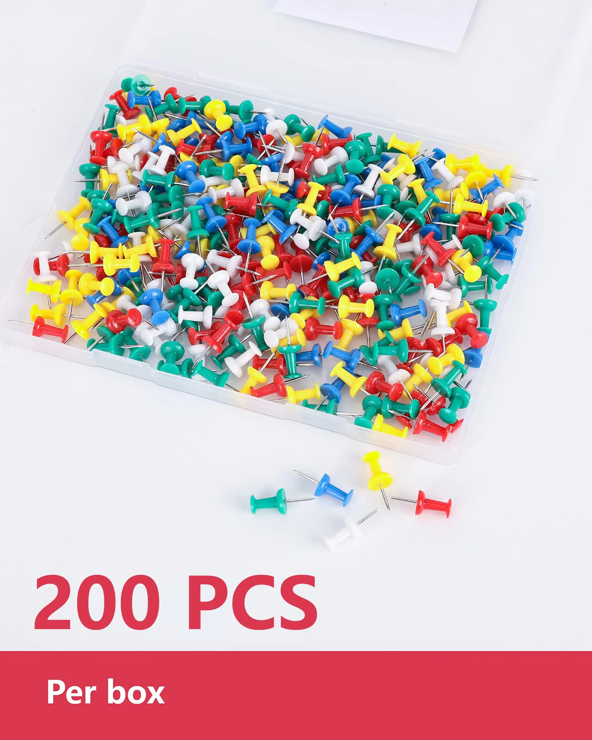Assorted Colors Push Pins for Cork Boards, 1 Inch, 200 Count | Colorful thumb tacks for bulletin boards, wall hangings, offices and schools, packed in a reusable plastic storage box.