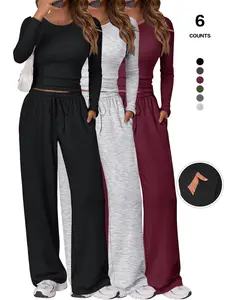 Effortless Sexy 2 Piece Set, Long Sleeve Crop Top & High Waisted Wide Leg Pants, Casual Fitted Loungewear for All Seasons, Outfit