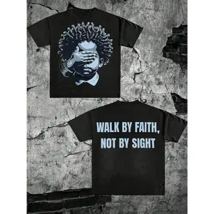 Hand Over Eyes Graphic Tee WaIk By Faith Not By Slght Oversized Streetwear Short Sleeve Crewneck Black Unisex Mens Casual Cotton Shirt