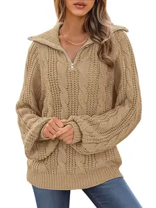 BTFBM Fall Sweaters for Women 2026 Loose Quarter Zip Pullover V Neck Long Sleeve Cable Knit Sweater Winter Clothes