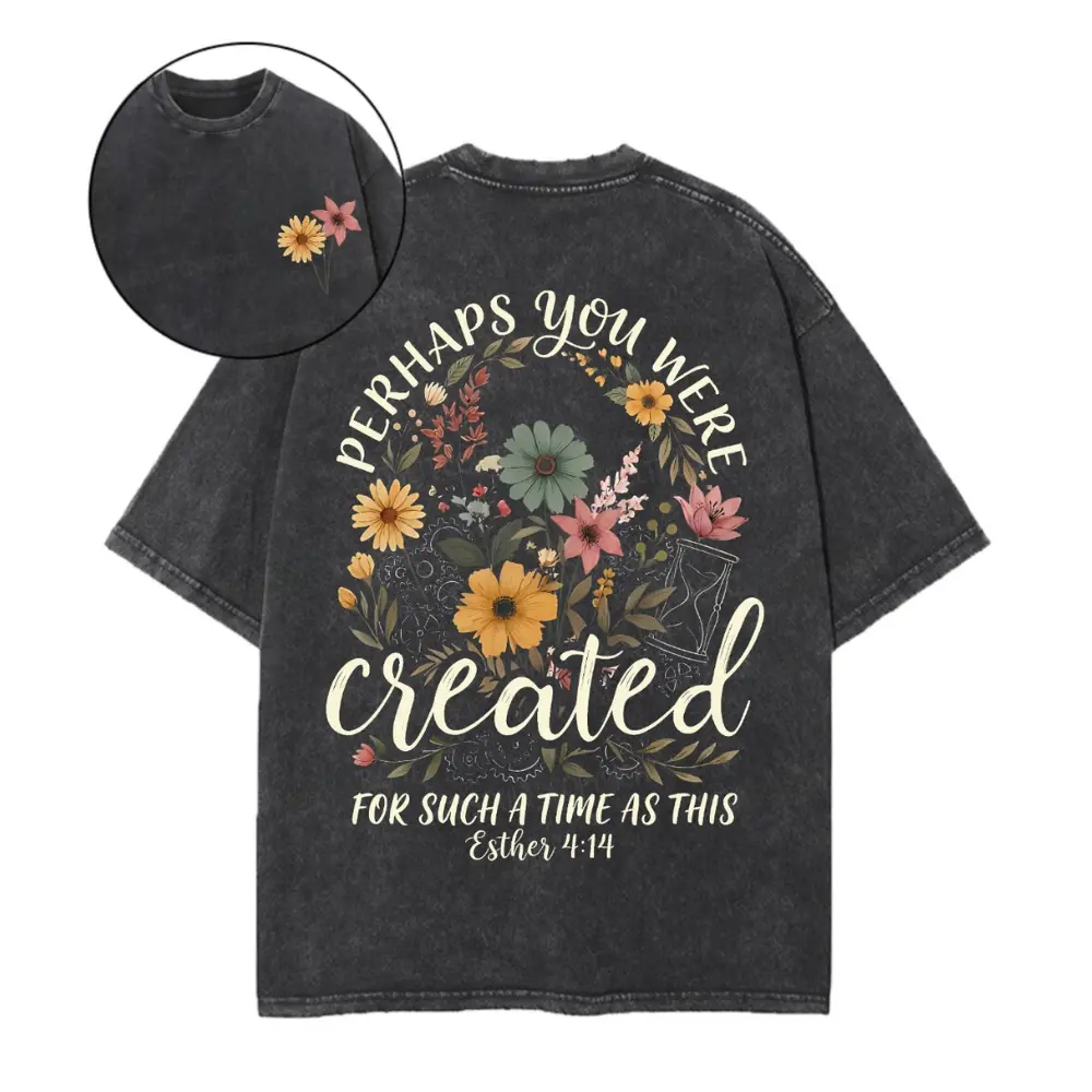 Women's Vintage Christian Floral Graphic Cotton T-Shirt - Heavyweight, Premium Cotton, Short Sleeve Tops, Loose-Fit "Created For Such A Time" Tee