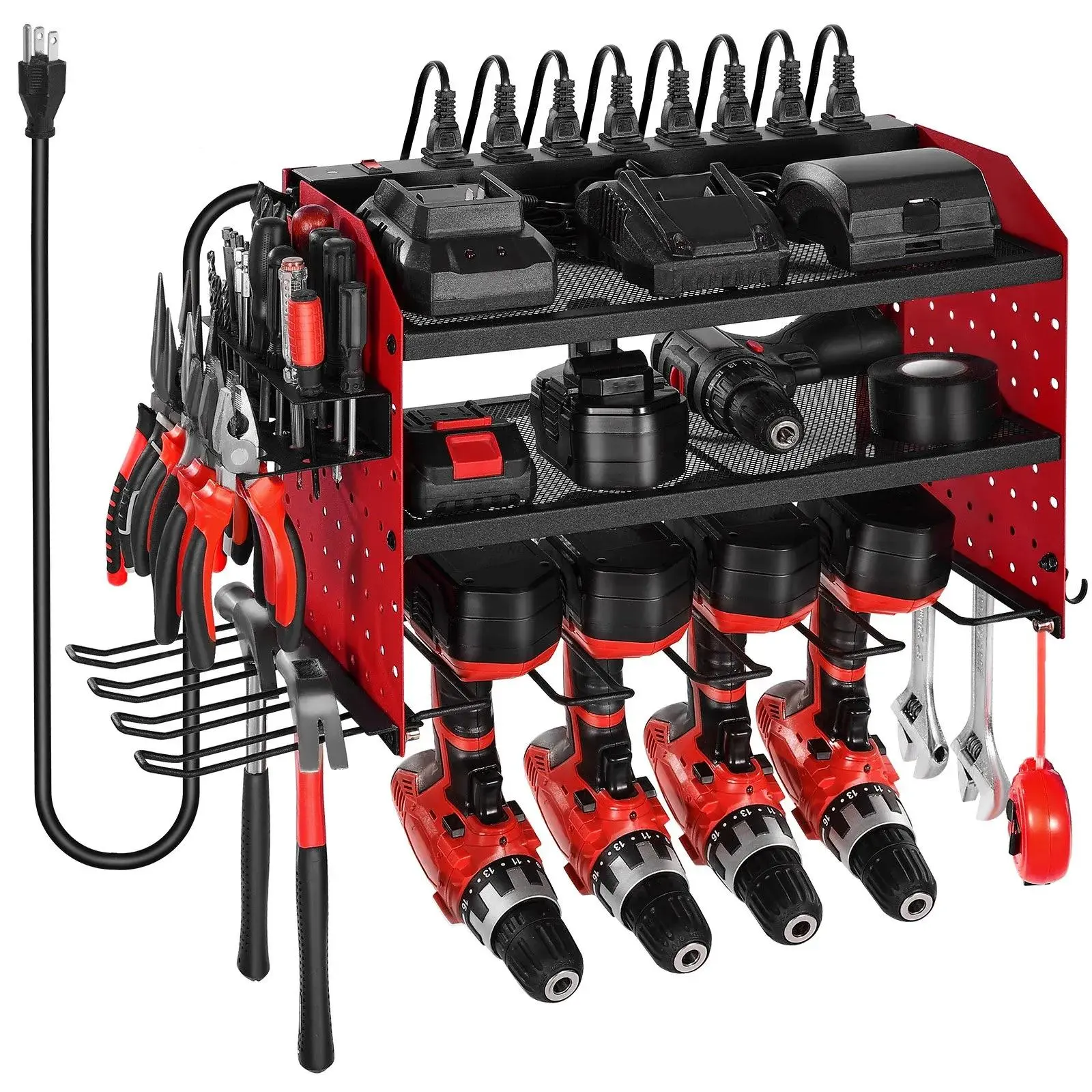 【summerfinds】VEVOR Power Tool Organizer, tool organizer with charging station, 3-Layer Tool Battery Storage Rack with 5.58 ft Power Strip, 8 Drill Holders & 8 Outlets - Wall Mount for Garage, Workshop