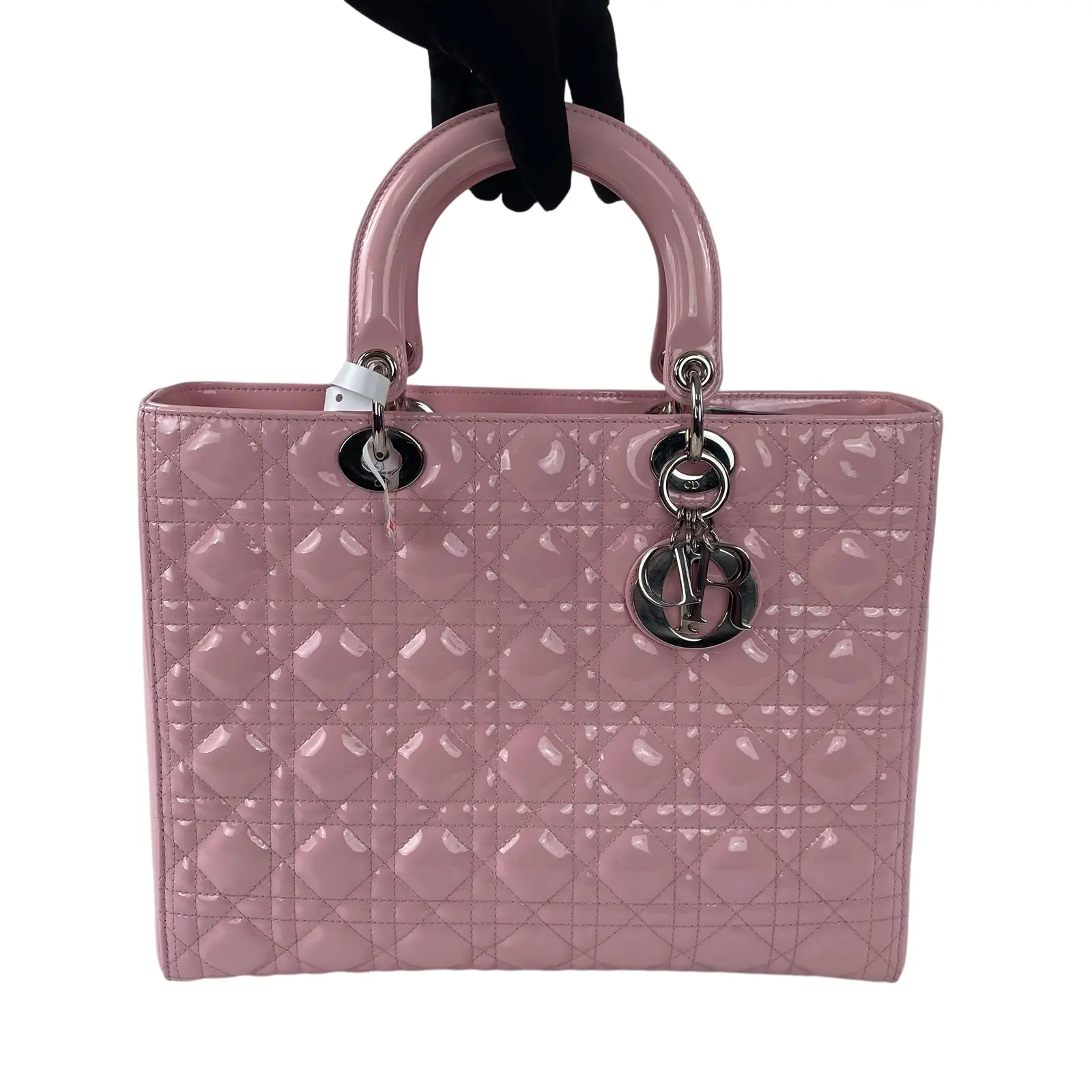 Pre-owned Dior Glossy Patent Calfskin Leather Tote Bags medium pink patent Cannage Lady tote+.charm ttt