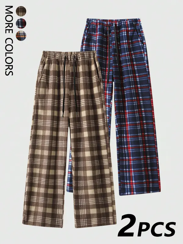Men’s two-pack flannel plaid fleece-lined straight-leg pants for autumn/winter, warm and casual with a loose fit, available in multiple colors