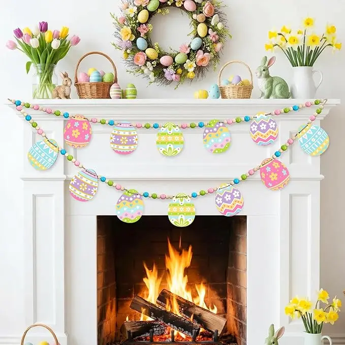Easter Eggs Garland with Wood Beads 6.56 ft Easter Decor Spring Mantle Garland Colorful Egg Hanging Banner for Wall Fireplace Shelf Mantle Indoor Outdoor Home Decoration for Party Supplies