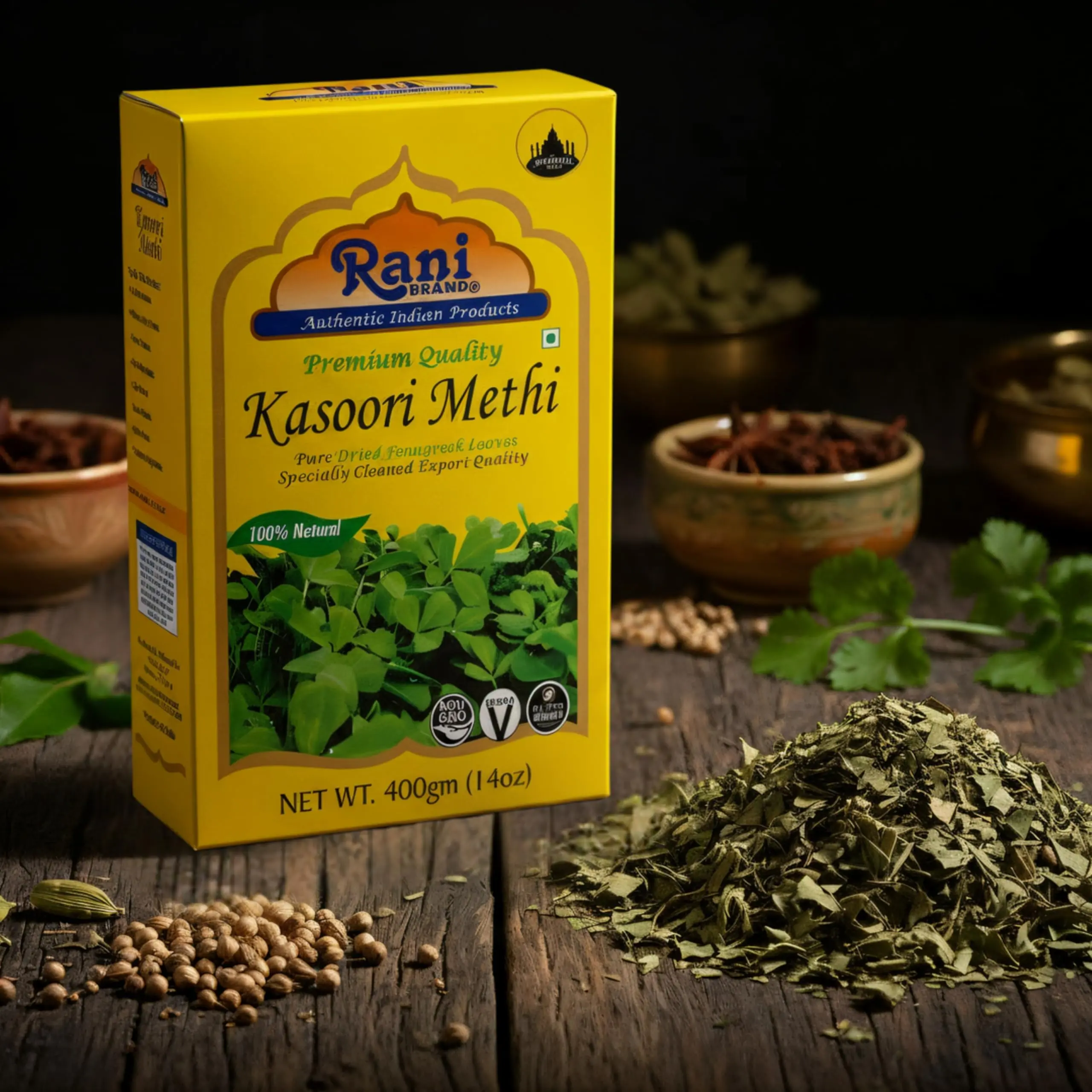 Rani Fenugreek Leaves Dried, All Natural (Kasoori Methi) 400g (14oz) ~ Gluten Friendly | NON-GMO ~ Vegan