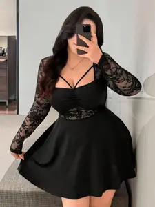 Women's Spring Summer Lace Patchwork Dress, Womenswear, Sexy A-Line Long Sleeve, Hollow Out Design, French Elegance, Valentine's Day New Year
