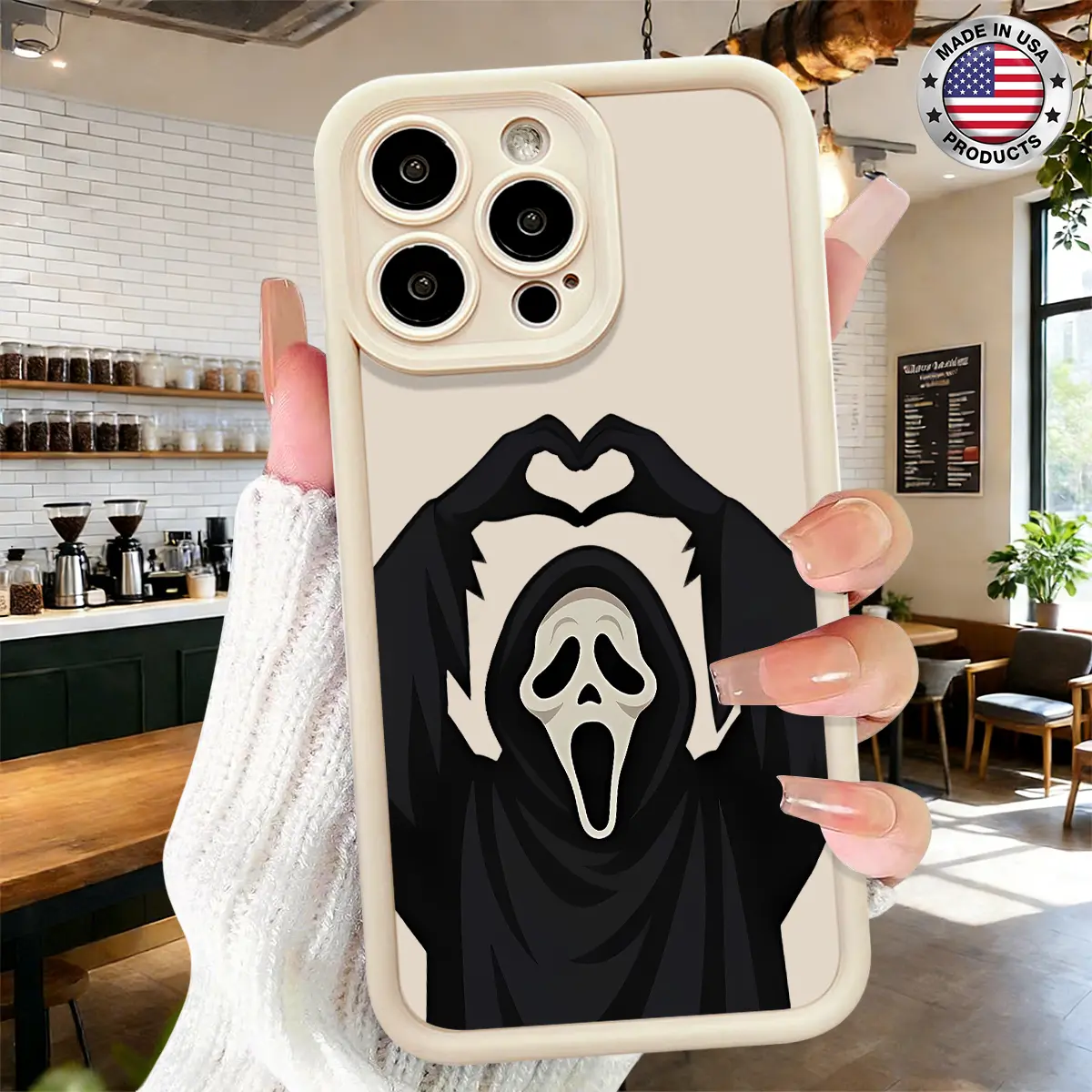 Cool Ghost Mask Heart Hands Halloween Aesthetic Design Case for iPhone 17 16 15 14 Pro Max 13 12 11 XR XS Plus Air Slim Shockproof Anti Drop Protective Durable TPU Cover