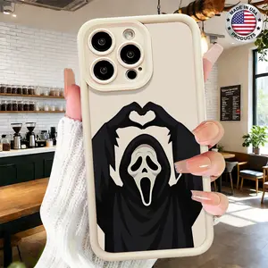 Cool Ghost Mask Heart Hands Halloween Aesthetic Design Case for iPhone 17 16 15 14 Pro Max 13 12 11 XR XS Plus Air Slim Shockproof Anti Drop Protective Durable TPU Cover