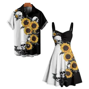 DRESSLILY Women's 2026 Gothic Polyester Top & Dress Set, Contrast Color Sunflower Skulls Design, Ruched Bust Sweetheart Neck A-Line Mini, Casual Halloween Holiday Wear Fit Womenswear