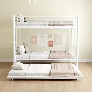 Twin Over Twin Metal Bunk Bed with Trundle, Heavy Duty Sturdy Beds Frame with Side Ladder, Convertible Bunkbed Safety Guardrails, No Box Spring Needed, White