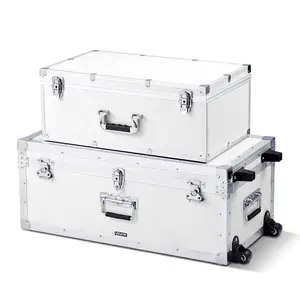 VEVOR Metal Storage Trunk, Set of 2, Wooden Suitcase Storage Boxes with Padlocks, Large Trunk Includes Casters and 3 Metal Handles, Decorative Store Chest with Lids for Travel, Apartment, Dorm, White