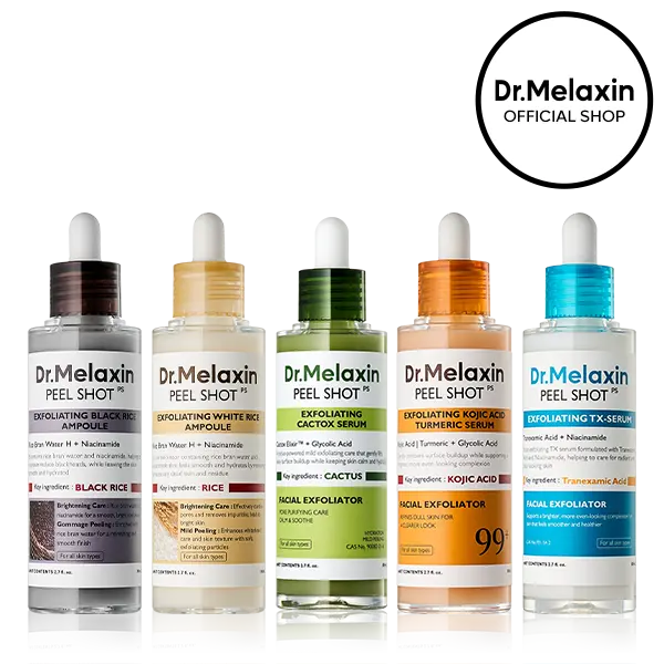 [Dr.Melaxin Official] Peel Shot Exfoliating Ampoule Set, 5-Piece | White Rice, Black Rice, Kojic Acid Turmeric, TX & Cactus | Gentle Face Exfoliator for Pores, Dark Spots, Puffiness & Glow | Korean Skincare