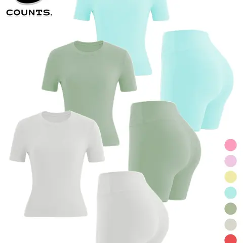Two-piece Set Women's Solid Color Tee & High Waist Skinny Shorts Tracksuit Set, Sporty Casual Breathable Set for Yoga Gym Workout Running, Ladies Summer Sportswear, Activewear, Sports Clothing Set #GLOBAL PICKS