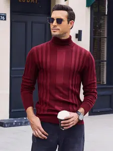 Men's Solid Color High Neck Sweater, Knitwear, Casual Elastic Knit Pullover for Winter, Comfortable Men's Clothing for Cold Weather