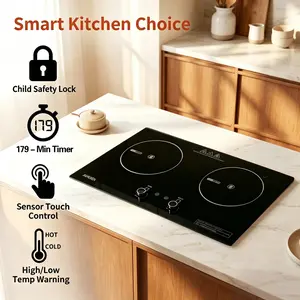 BAMUSEN 2-Burner Multifunction Portable Electric Cooktop - Sensor Touch Control Electric Stove with Child Safety Lock, Timer, Over-Temperature Protection for Kitchen Use