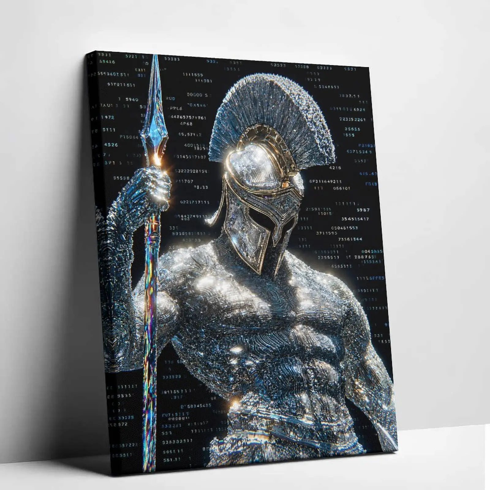 Spartan Warrior Canvas Wall Art Cyberpunk Matrix Code Poster Print Digital Tech Spear Canvas Painting Futuristic Crystal Helmet Graphic Picture Decor for Living Room Bedroom Studio