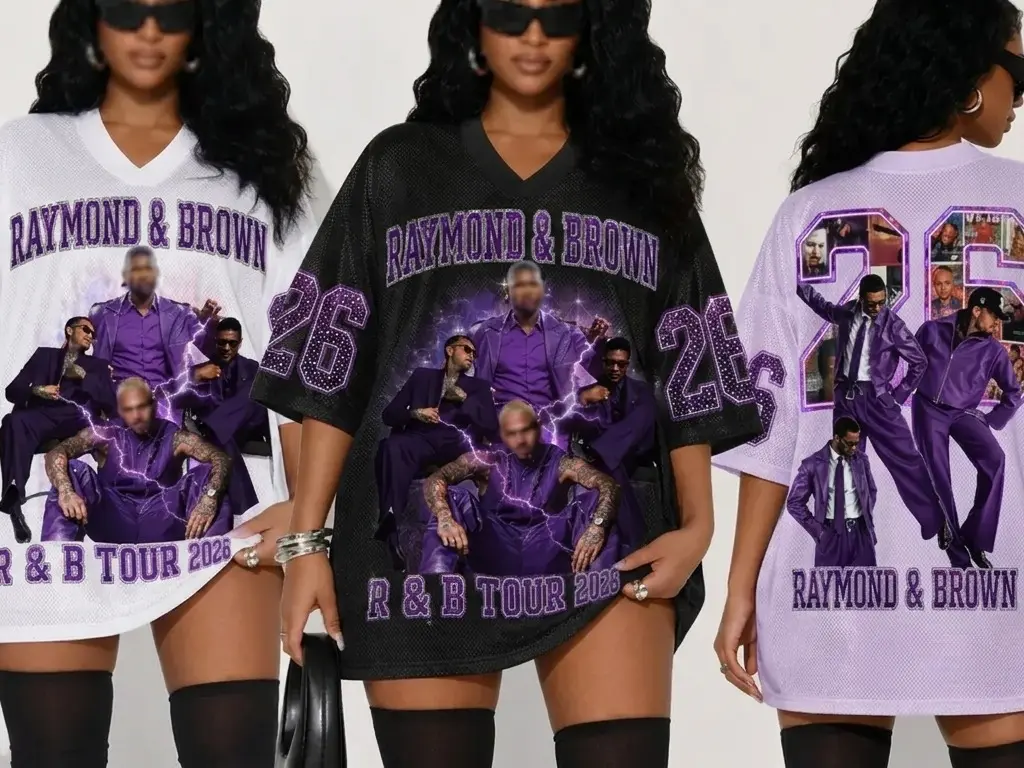The R&B TOUR 2026 Print V-Neck Jersey Shirt – Bold 26 Raymond & Brown Design, Purple Hip Hop & R&B Inspired Oversized Top for Women