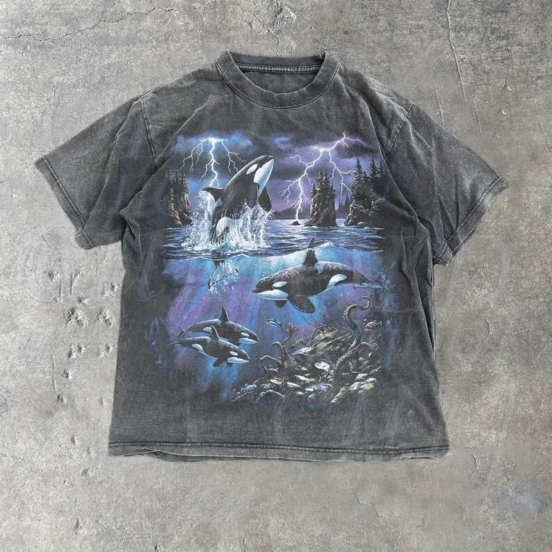 Comfort Colors Vintage Orca Whale Graphic T Shirt, Killer Whale Ocean Tee, Retro Marine Life Shirt, Sea Lover Gift Unisex Y2K Top